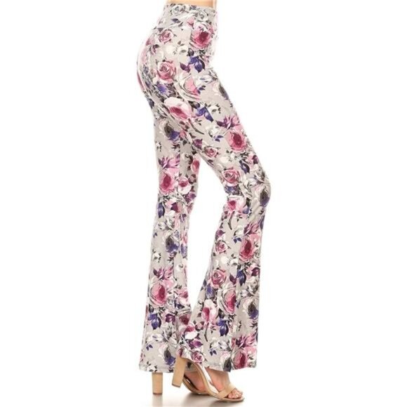 Pink Rose Floral‎ Printed High Waist Flare Pants Bell Bottom Palazzo Yoga Pants - Picture 1 of 4
